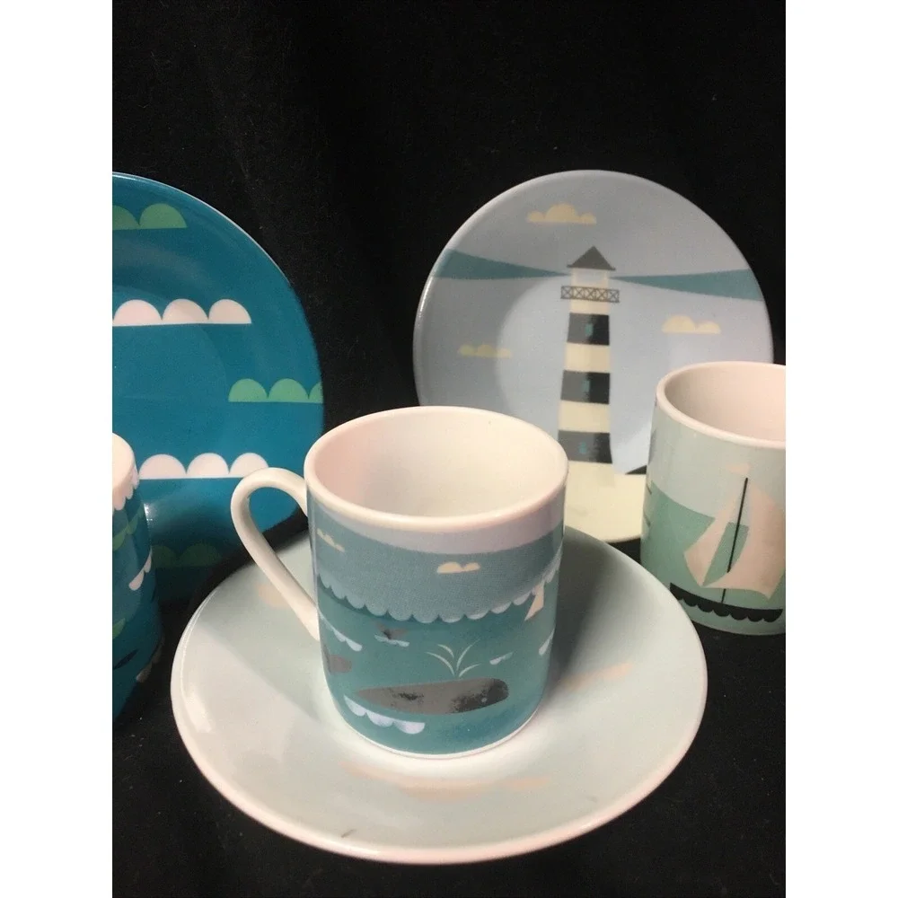 MAGPIE AHOY DESIGN, SET OF FOUR ESPRESSO NAUTICAL CUPS AND SAUCERS Teal
